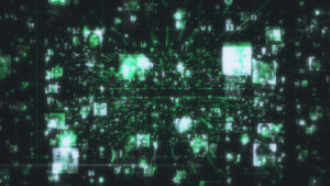 artificial intelligence concept footage background as motion in the searching stream of human portraits connected by dark green network grid in social network. Business, technology or social media 3d rendering 4K video
